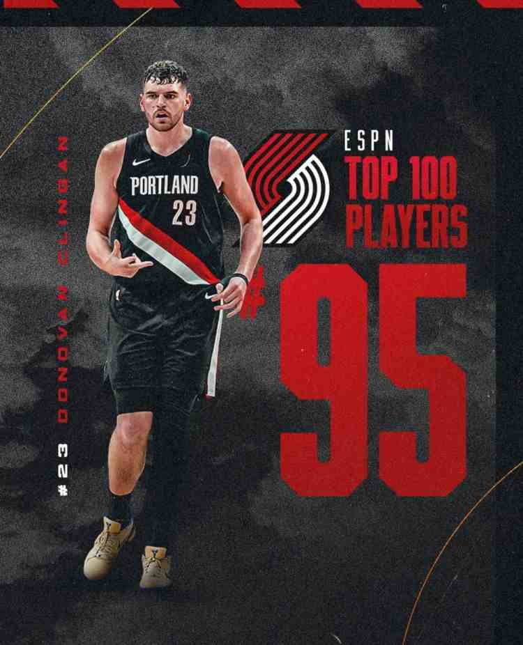 开拓者晒队内ESPN前100球员:克林根95 莫兰特77 利拉德69 阿福27